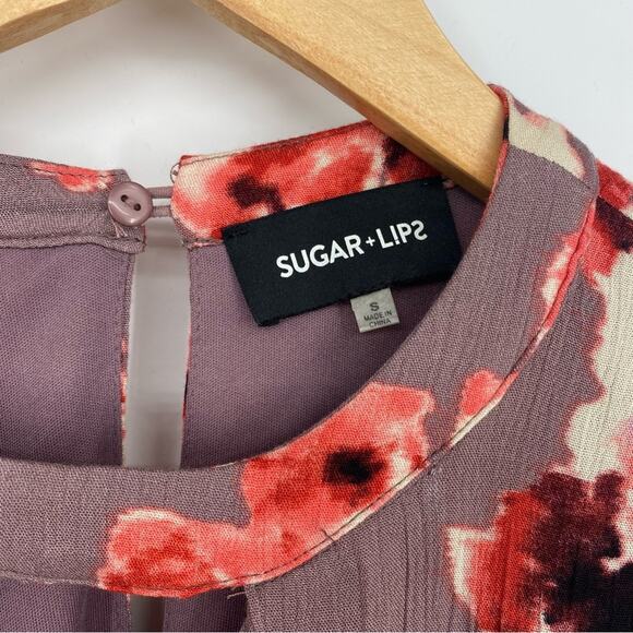 Sugar Lips Mini Swing Dress Tunic Mauve Pink Red Floral Crinkle Gauze Small - Picture 3 of 7